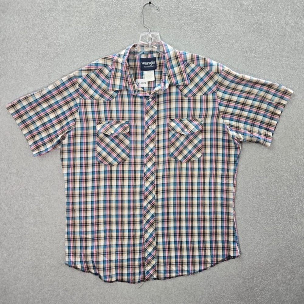 Wrangler Men‎ Button Up Shirt Large Pink Plaid Western Pearl Snap Collar